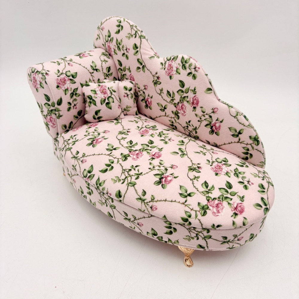 Pink Floral Rose Chaise Lounge Jewelry Box Miniature Sofa Mirror Ring Storage - Picture 2 of 10